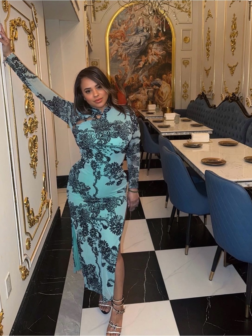 Fashion Nova Aqua and Black Lace-Print Midi Dress
